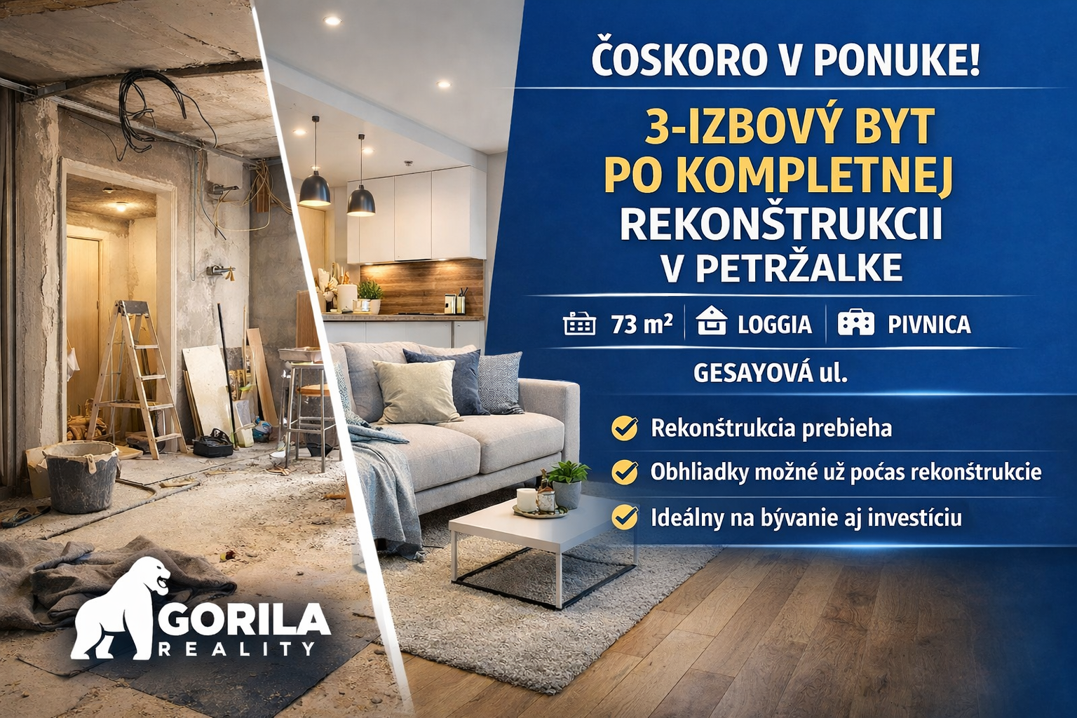 Predaj kompletne zrekonštruovaného 3-iz bytu, Gessayová ul